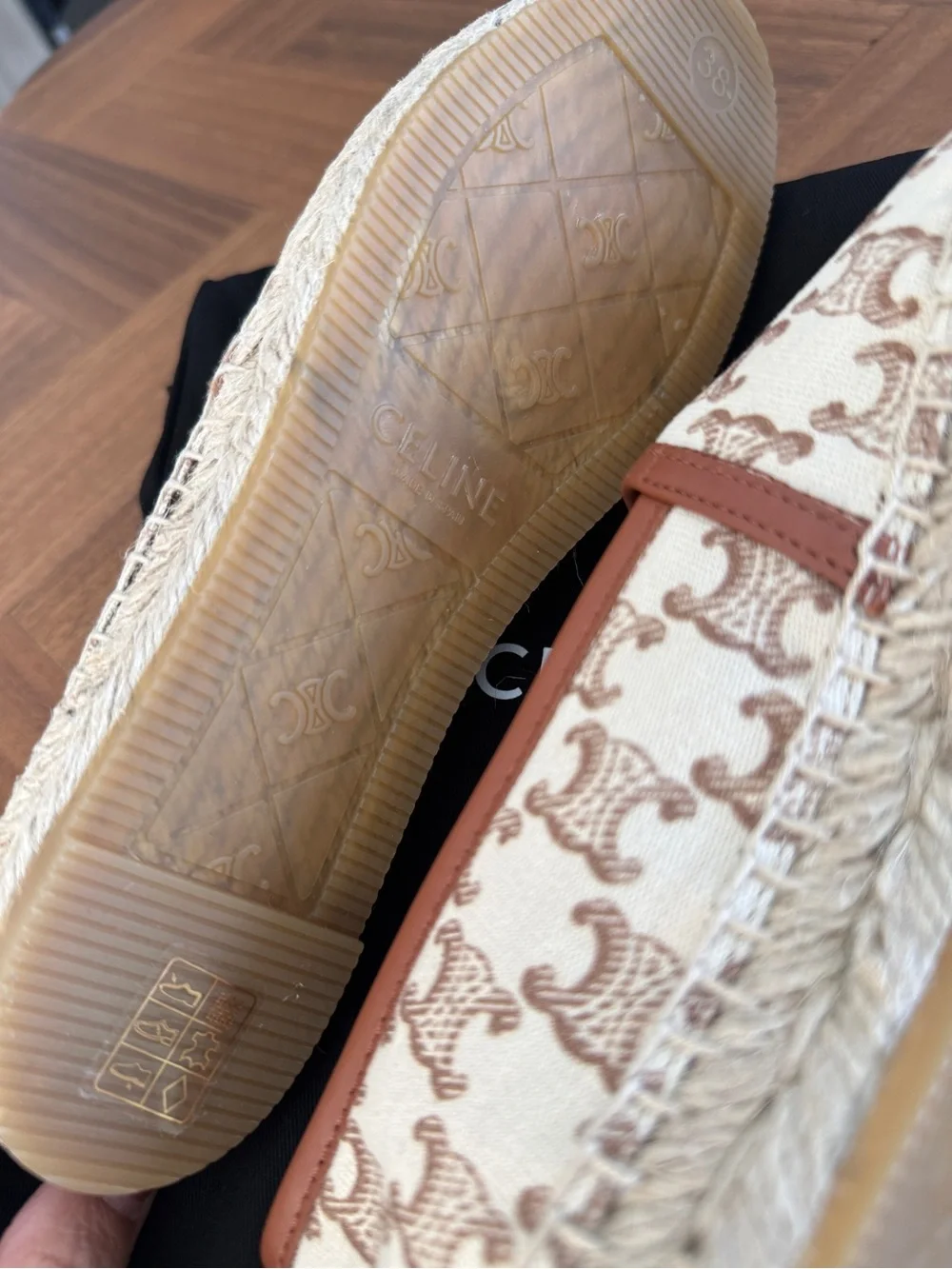 CELINE Cream & Brown Logo Espadrille Slip-Ons, 38